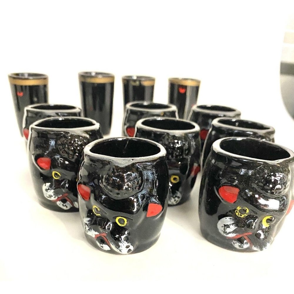 15  Ceramic Black Poodle Dog Face MCM Mini Tea Cups Shot Glasses Japan‎